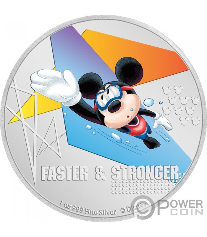 FASTER AND STRONGER Mickey Mouse Disney 1 Oz Moneta Argento 2 Niue 2020