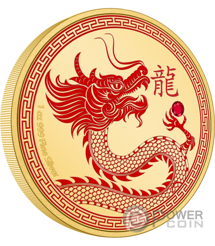 DRAGON Lunar Year Gilded 1 Oz Moneta Argento 2 Niue 2024