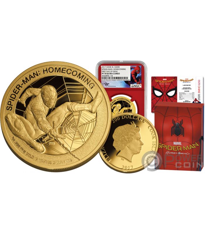 SPIDERMAN Homecoming Marvel Mercanti Stan Lee 1 Oz Gold Coin 200$ Cook  Islands 2017