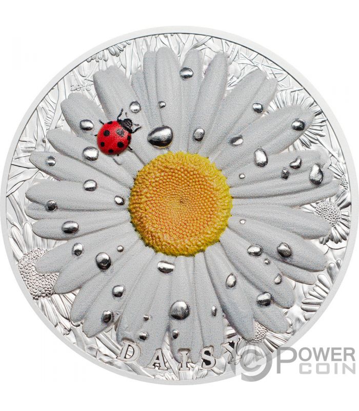 DAISY Margherita Coccinella High Relief Flowers Leaves 2 Oz Moneta Argento  10$ Palau 2018