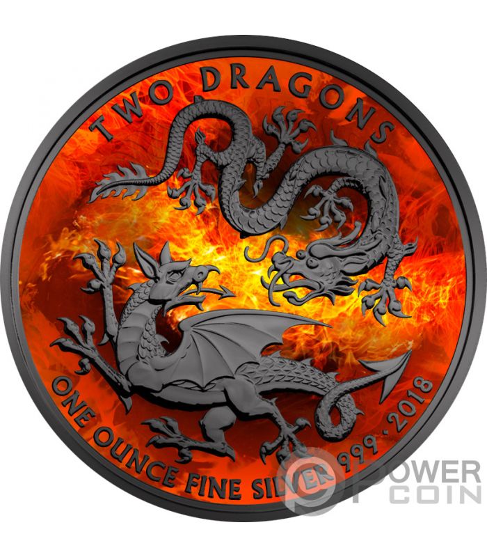 BURNING TWO DRAGONS 1 Oz Silver Coin 2£ United Kingdom 2018