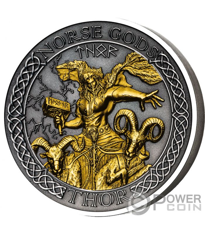 THOR Norse Gods Gold Plating 2 Oz Silver Coin 1$ Cook Islands 2020