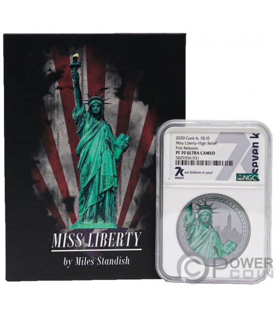 MISS LIBERTY PF70 by Miles Standish 2 Oz Silver Coin 10$ Cook Islands 2020