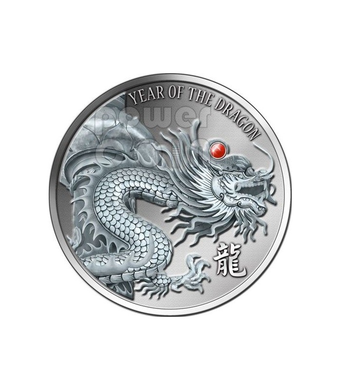 DRAGON RED FIRE Ruby Gemstone 2 Oz Silver Coin 2$ Fiji 2012