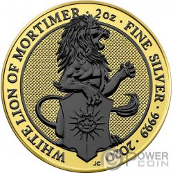 WHITE LION OF MORTIMER Empire Edition Reverse Gilded Queen Beasts 2 Oz  Silver Coin 5£ United Kingdom 2020
