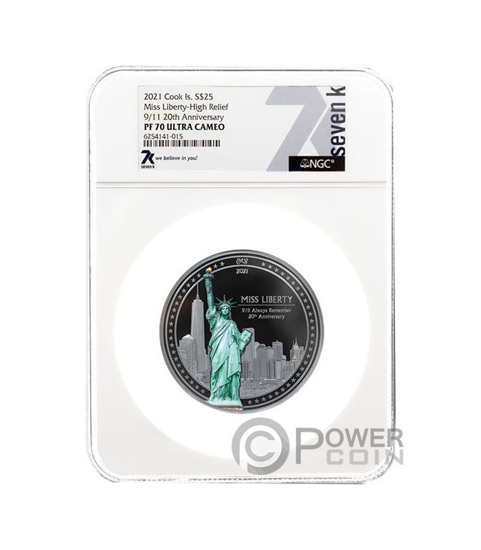 MISS LIBERTY PF70 20th Anniversary 9/11 by Miles Standish 5 Oz Silver Coin  25$ Cook Islands 2021