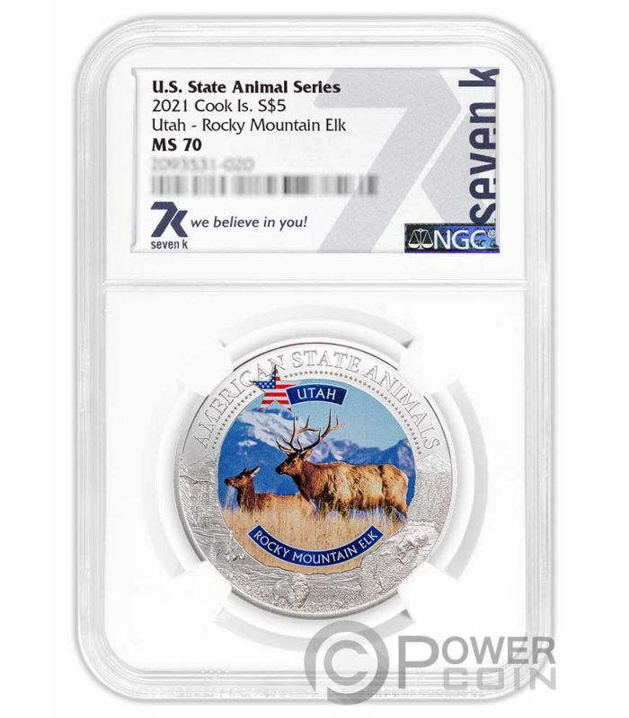 UTAH ROCKY MOUNTAIN ELK Graded MS70 American State Animals 1 Oz Silver Coin  5$ Cook Islands 2021