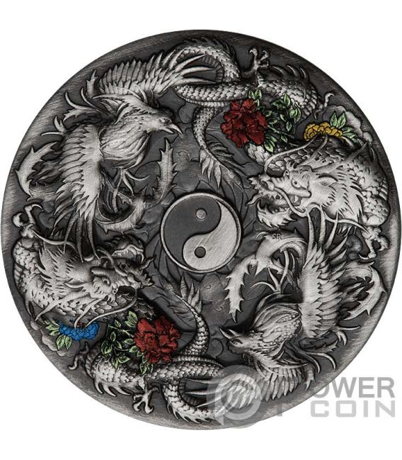 DOUBLE DRAGON AND DOUBLE PHOENIX Ying Yang 2 Oz Silver Coin 2$ Tuvalu ...