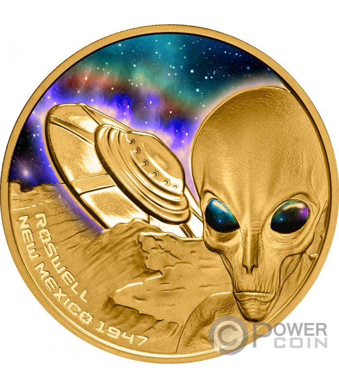 ROSWELL 75th Anniversary Flying Saucer 1 Oz Gold Coin 100$ Niue 2022