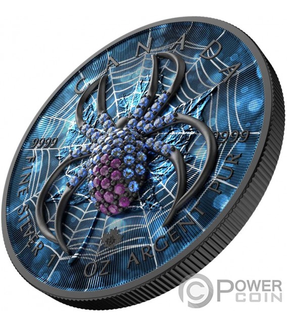 DARK BLUE SPIDER Bejeweled Maple Leaf 1 Oz Silver Coin 5$ Canada 2022