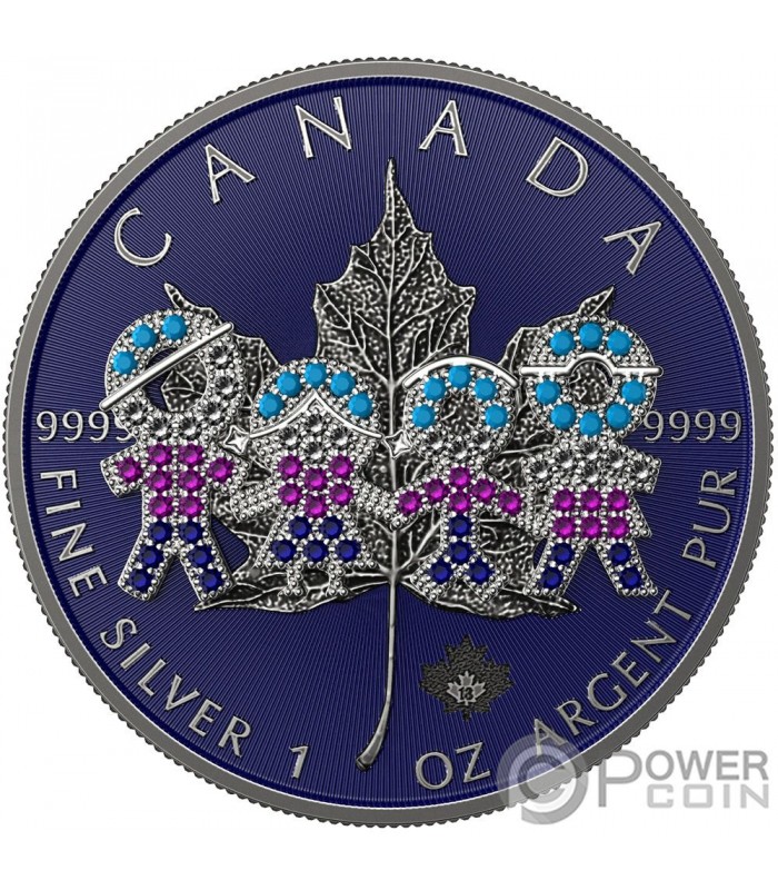 BIG FAMILY ANTIQUE Bejeweled Maple Leaf 1 Oz Silver Coin 5$ Canada 2021