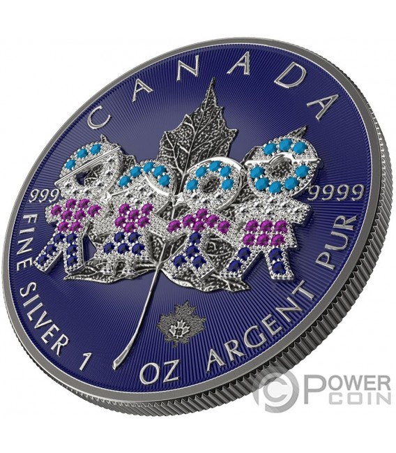 BIG FAMILY ANTIQUE Bejeweled Maple Leaf 1 Oz Silver Coin 5$ Canada