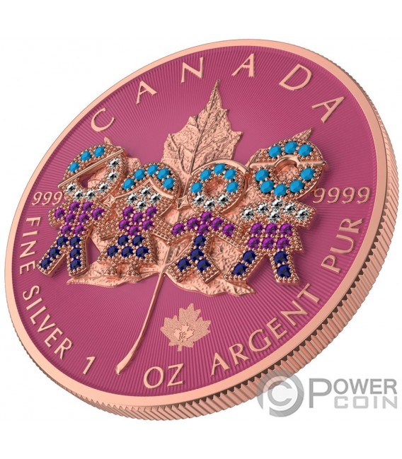 BIG FAMILY PINK GOLD Bejeweled Maple Leaf 1 Oz Silver Coin 5