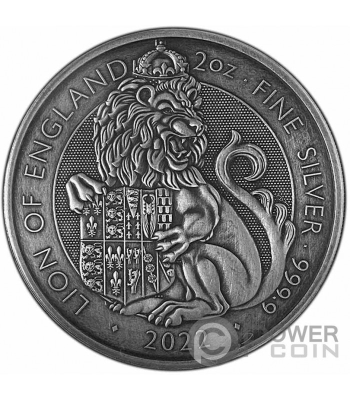 LION OF ENGLAND Tudor Beasts Antique 2 Oz Silver Coin 5£ United Kingdom 2022