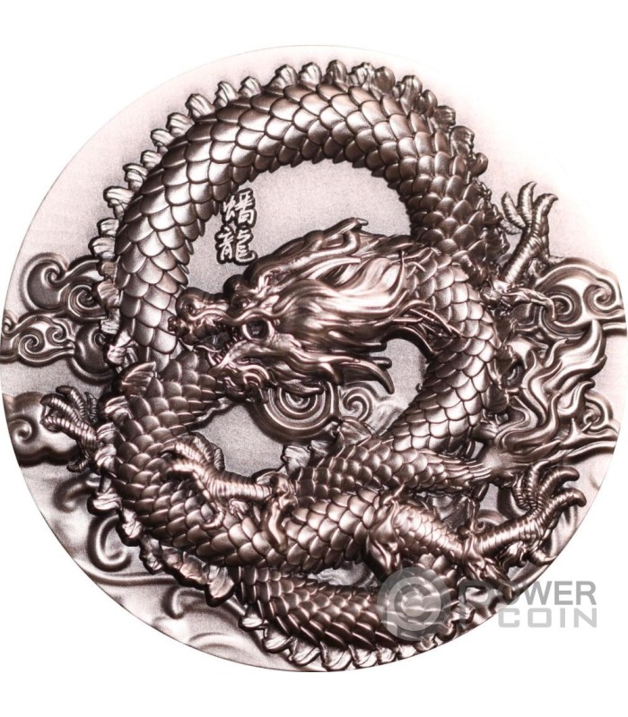 COILED DRAGON Antique Finish 5 Oz Silver Coin 18888 Francs Chad 2024