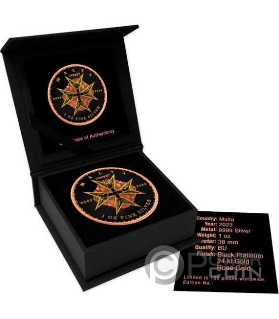 MALTA CROSS Black Platinum Rose Gold 1 Oz Silver Coin 5€ Euro Malta 2023