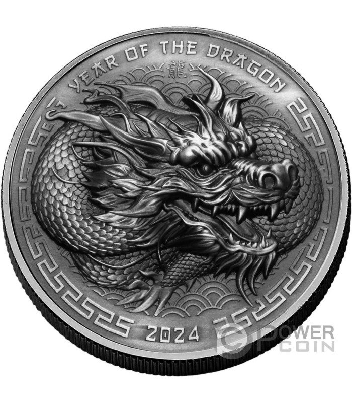 DRAGON Lunar Year Antiqued 1 Oz Moneta Argento 2$ Fiji 2024