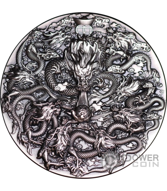 NINE DRAGONS WITH PEARL 5 Oz Silver Coin 18888 Francs Chad 2024