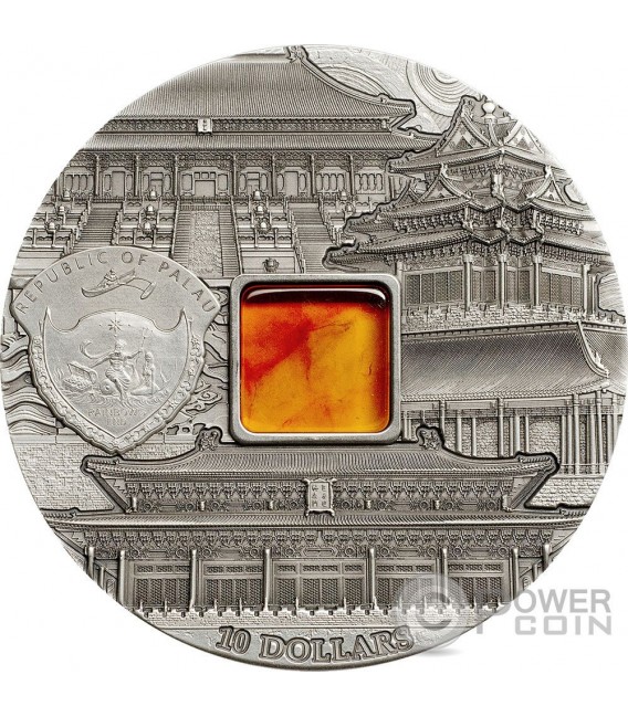 FORBIDDEN CITY BEIJING Mineral Art Amber 2 Oz Silver Coin 10$ Palau 2015