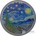 STARRY NIGHT Van Gogh Fine Embroidery Art 3 Oz Moneda Plata 20 $ Palau 2024