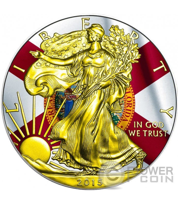 US STATE FLAGS FLORIDA Walking Liberty 1 Oz Silver Coin 1 USA 2015