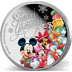 SEASONS GREETINGS Mickey Mouse Disney 1/2 Oz Silver Coin 1$ Niue 2017