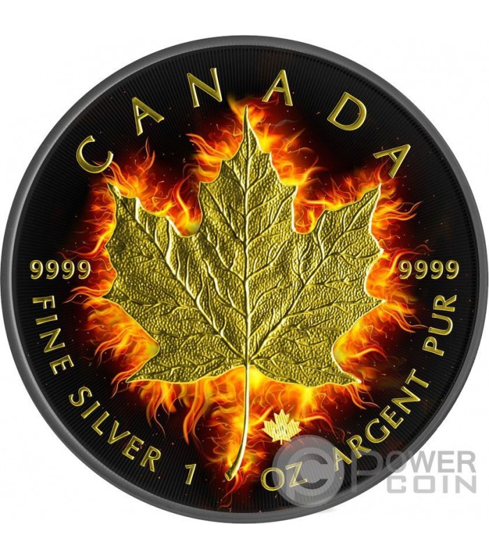 BURNING MAPLE LEAF Fire Black Ruthenium Gold 1 Oz Silver Coin 5$ Canada 2014