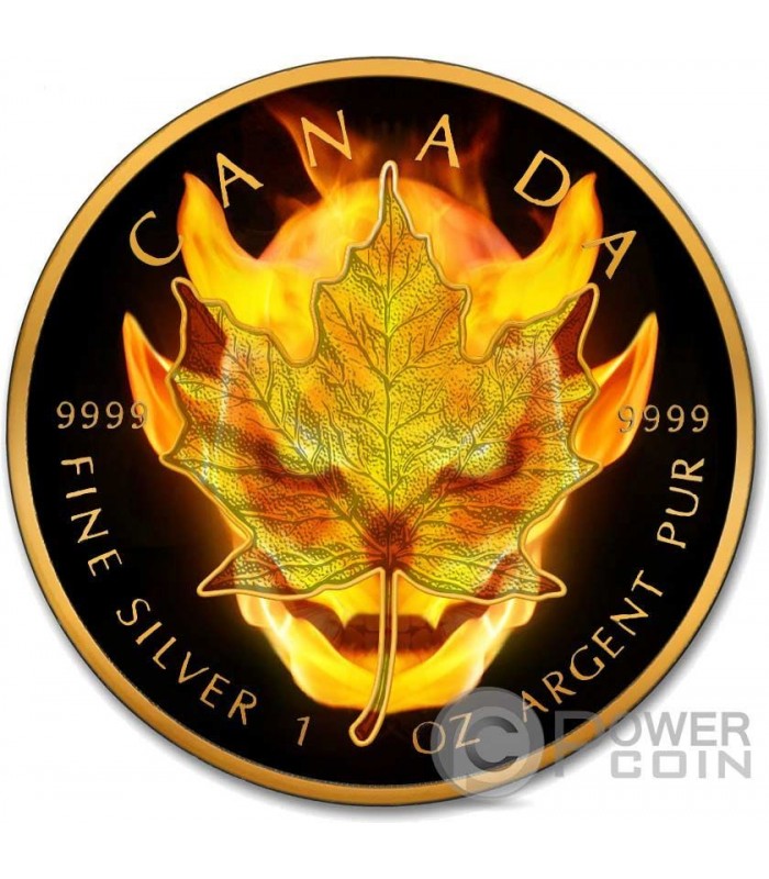 BURNING DEVIL Maple Leaf Fire Black Ruthenium Gold 1 Oz Silver