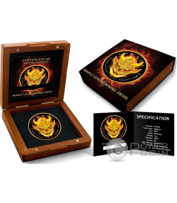 BURNING DEVIL Maple Leaf Fire Black Ruthenium Gold 1 Oz Silver