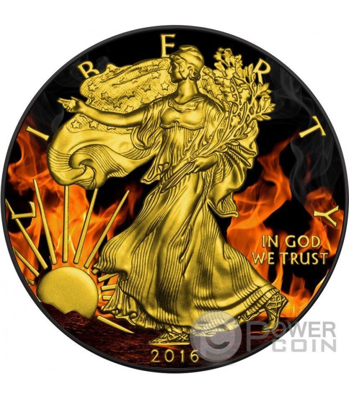 BURNING WALKING LIBERTY Eagle Fire Black Ruthenium Gold 1 Oz