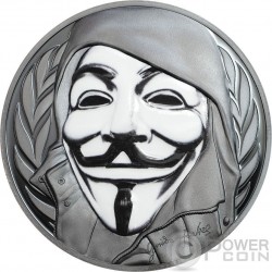 GUY FAWKES MASK Anonymous V for Vendetta 1 Oz Black Proof Monnaie Argent 5$ Cook Islands 2016