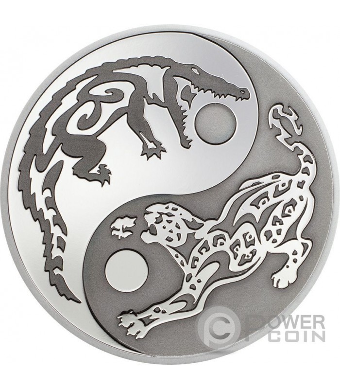 CROCODILE JAGUAR Predator Prey Yin Yang Rhodium 1 Oz Silver Coin 5$ Cook  Islands 2017