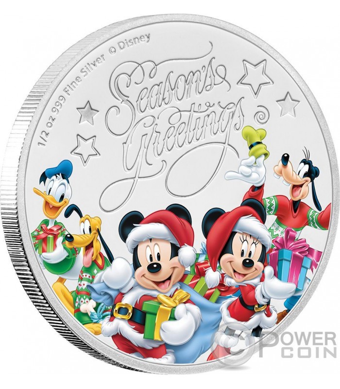 SEASONS GREETINGS Mickey Mouse Disney 1/2 Oz Silver Coin 1$ Niue 2017