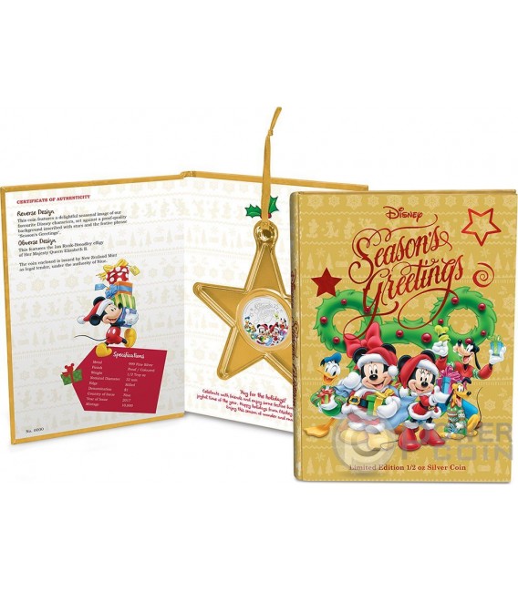 SEASONS GREETINGS Mickey Mouse Disney 1/2 Oz Silver Coin 1$ Niue 2017