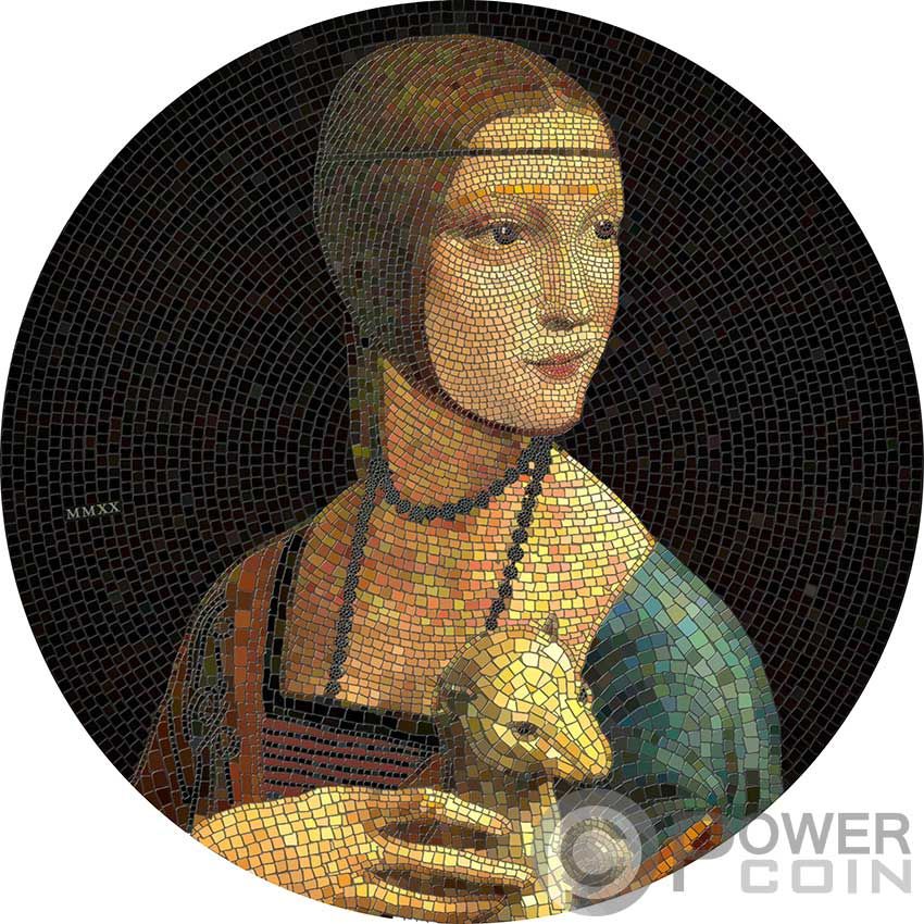 LADY WITH AN ERMINE Leonardo da Vinci Great Micromosaic Passion 3 Oz Silver Coin 20$ Palau 2020