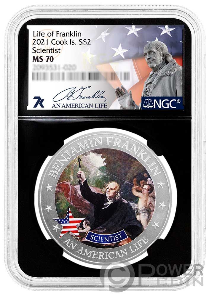 SCIENTIST Benjamin Franklin An American Life Graded MS70 1/2 Oz Silver Coin 2$ Cook Islands 2021