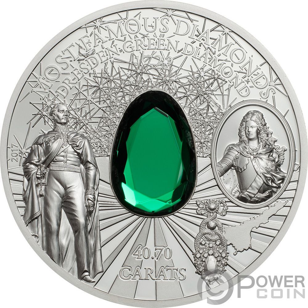 DRESDEN GREEN DIAMOND Most Famous Diamonds 2 Oz Silver Coin 10$ Cook Islands 2017